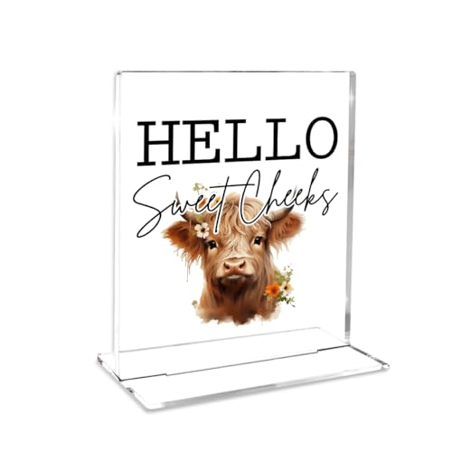 Barthroom Highland Cow Decor Housewarming New Home Birthday Gifts for Women Men Wife Husband Neighbor Friends Hello Sweet Cheeks Acrylic Sign Shelf Table Laundry Room Home Decor von MUBIAO