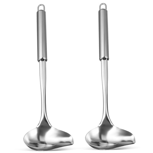 MUCKLILY 2 Stück Edelstahl Soßenlöffel mit Ausgießer Langlebiger Suppenkelle mit Langem Griff Spülmaschinenfest Vielseitig für Suppensoßen Bratensoßen Dressings Präzises Ausgießen Einfache von MUCKLILY