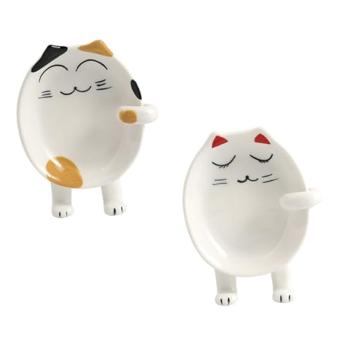 MUCKLILY 2 Stück Keramik Löffelablage Cartoon Katzen Topfdeckelhalter Praktisch Küchenutensilien Halter Sauberkeit Erhaltung Küchenzubehör von MUCKLILY