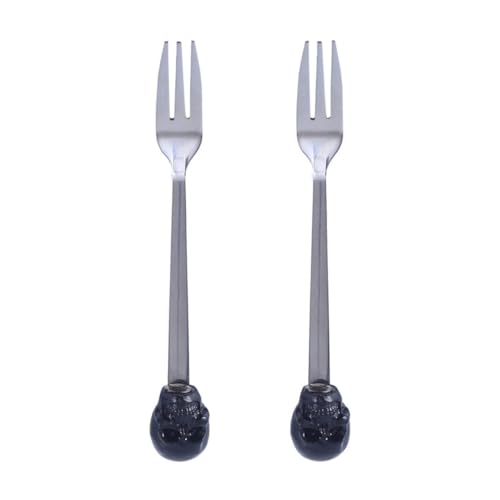 MUCKLILY 2 Stück Schwarze Totenkopf Obstgabeln aus Edelstahl Dreizinkige Snackgabeln mit Glatten Kanten für Buffet Salat und Halloween Party Wiederverwendbar und Platzsparend von MUCKLILY