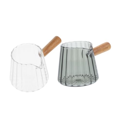 MUCKLILY 2 Stück kleiner Milchbecher aus Holz Messbecher Glas Transparente Milchbecher Kaffeemilchbecher Espresso-Schnapsglas mit Henkel Espressoglas Espressotasse mit Henkel Glascreamer von MUCKLILY