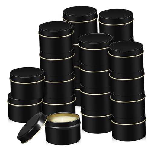 MUCKLILY 24 Stück Teiliges Schwarze Kerzendosen aus Langlebigem Weißblech mit Deckel Unzen Fassungsvermögen für DIY Kerzenherstellung Auslaufsicher Wiederverwendbar für Gemütliche Stunden von MUCKLILY