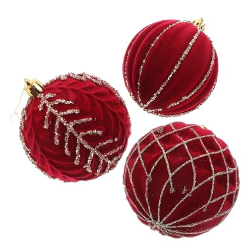 MUCKLILY 3 Stück Weinrote Beflockte Weihnachtskugeln Weihnachtsbaum Ornament Hängedekoration für Zuhause Büro und Festlichkeiten Bruchsichere Luxuriöse Feiertagsdekoration von MUCKLILY
