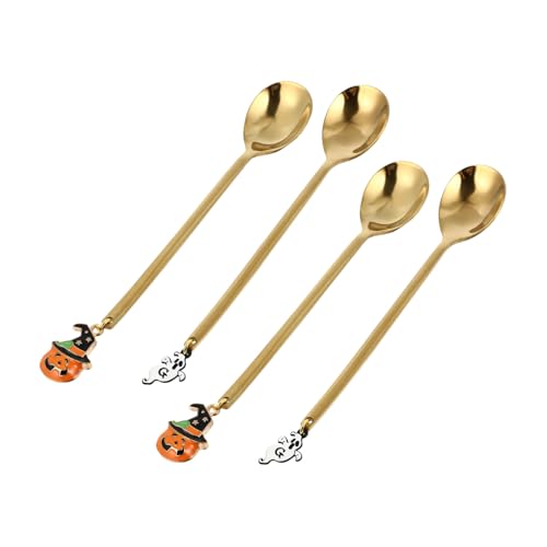 MUCKLILY 4 Stück Teiliges Halloween Dessertlöffel aus Edelstahl Ergonomisch Geformt Farblich Sortiert mit Kürbis Geist-motiven Vielseitig Einsetzbar für Kaffee Tee und Gewürze Einfach zu von MUCKLILY
