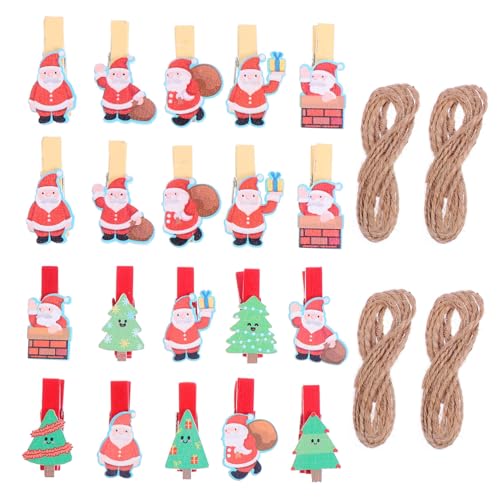 MUCKLILY 40 Stück Teiliges Holzklammern Weihnachtsmotiv mit Juteseil Mini-holzwäscheklammern mit Weihnachtsbaum Weihnachtsmann-design Vielseitige Foto Dekoklammern für Hochzeit Geburtstag von MUCKLILY