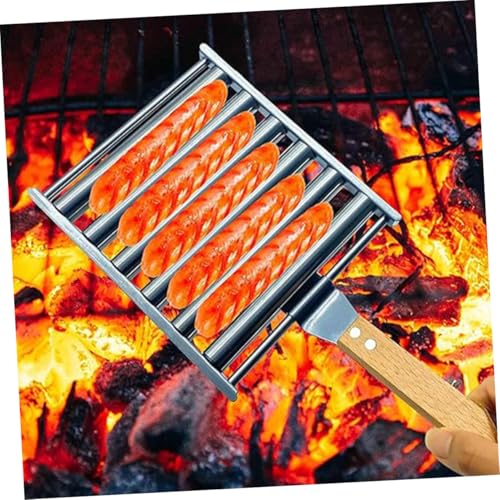 MUCKLILY Edelstahl Hot Dog Grillset mit Abnehmbarem Wurstroller und Holzgriff Hitzebeständiges Bbq-rollrost für Gleichmäßiges Grillen für Holzkohlegrill und Outdoor-events von MUCKLILY