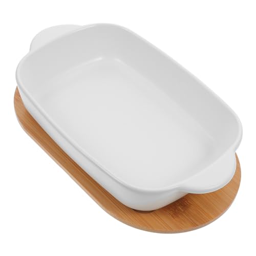 MUCKLILY Keramik Auflaufform mit Zwei Griffen und Holzunterlage Ofenfeste Casserole Schale für Backofen Dekorative Salatschale Vielseitig für Fleisch Gemüse Pasta und Pizza von MUCKLILY