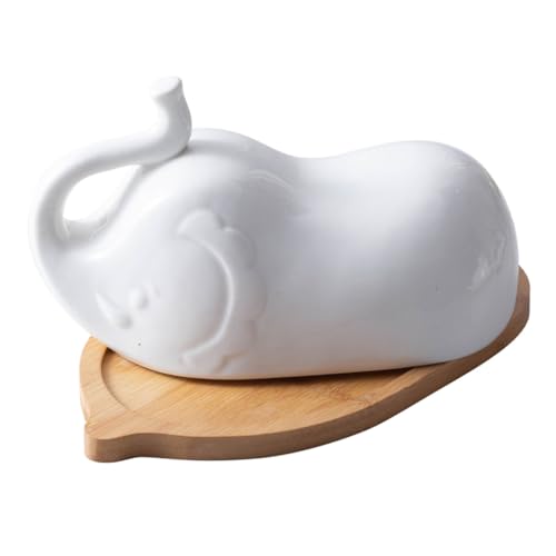 MUCKLILY Keramik Butterdose mit Deckel Elefant relief Stilvolle Käseplatte mit Bambusbasis Staub Insektengeschützt Praktisch für Küche und Servieren Geschenk für Familie und Freunde von MUCKLILY