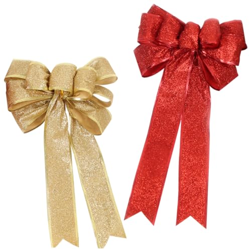 MUCKLILY Rote und Goldene Kleine Weihnachtsbaum Schleifen Bowknots Festliche Geschenkbox Deko Glänzende Weihnachtsbaumdekoration Kreativer Christbaumschmuck für Weihnachten von MUCKLILY