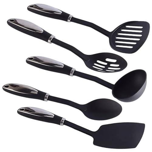 MUCKLILY Teiliges Nylon Küchenhelfer Set mit Edelstahlgriff Antihaftbeschichtet Hitzebeständig Mit Suppenkelle Schaufel Löffel Schlitzlöffel Langlebiges Kochgeschirr in Schwarz für von MUCKLILY