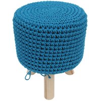 Sitzhocker Hellblau Holz Strickpolster Stoff Polster Retro Hocker Sitzpouf Holzfuß Sitzbank Pouf Fußbank Rund Metall Wohnbereich Möbel Vintage Relax von MUCOLA