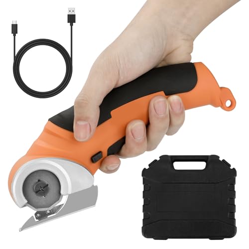 Elektrische Schere Mit Werkzeugkasten, Kartonschneider, Kabellose Rollschneider, 4.2V/2.0Ah Akku Schere, Universalschneider, Wiederaufladbarer Leistungsstarker Akkuschere für Stoff Teppich (orange) von MUCOOS