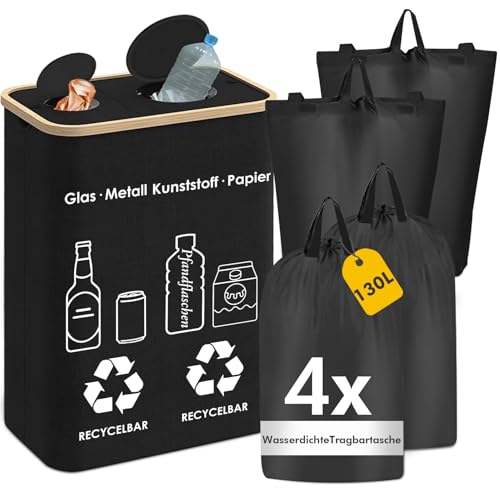 130L Pfandflaschen Sammelbehälter, 2 Fächer Pfandflaschen Aufbewahrung, Schwarz Pfandflaschen Behälter mit Decke, Wasserdicht Faltbar Pfandbehälter, Pfandbehälter Flaschen Organizer mit 4 Tragetasche von MUCOOS
