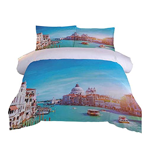 MUCXBE Bettbezug Set 3 Teilig 135x200cm Microfaser Bettwäsche-Set Mit Reißverschluss Venedig Aquarell Atmungsaktive Bettbezug Inkl 2 Kopfkissenbezug Für Jugendliche Kinder Schlafzimmer von MUCXBE