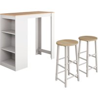 Bartisch mit 2 Barhockern 110x103x50cm Bartresen küche mit Regalen Modell Kyra Weiß und Sonoma von MUEBLES BONITOS