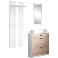 Dielenmöbel mit LED Garderobenset Schuhschrank Flurmöbel 2 Tiefenklappen 1 Schublade Schuhkipper Modell Paola Weiss und Grau Glanz von MUEBLES BONITOS