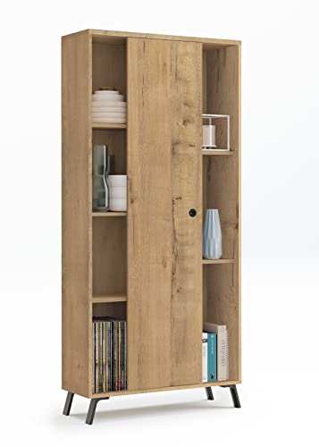 Muebles Pitarch | Wohnzimmer-, Büro- oder Bücherschrank, 1 Schiebetür und 5 Regale, Schwarze Beine, Eiche Gold, 180x80x33 cm (Höhe x Breite x Tiefe), Elegant und Robust, Modell Kamet von MUEBLES PITARCH