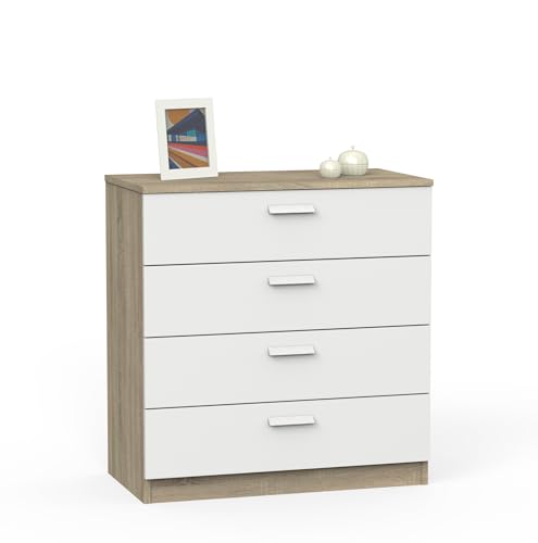 Muebles Pitarch | Kommode 4 Schubladen mit Metallführungen, Schlafzimmerkommode, Weiß und Cambrian Eiche, 78x74x40 cm (Höhe x Breite x Tiefe), Kollektion Tibet von MUEBLES PITARCH
