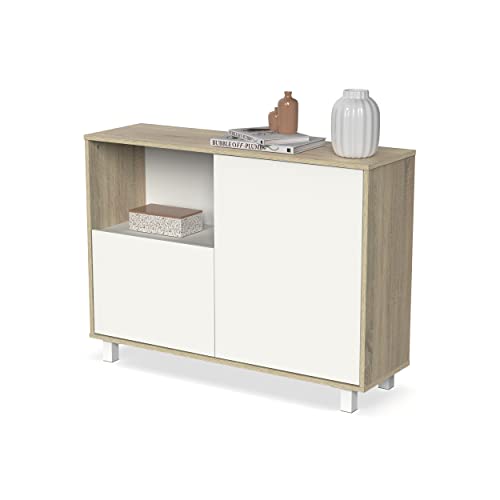 Muebles Pitarch | Sideboard für Wohn- und Esszimmer, Buffet, Möbelstück, 2 Türen und 1 Fach, mit Beinen, Weiß und Eiche Cambrian, 82,5x112x33cm, Moderner Eingangsbereich, Tibet Kollektion von MUEBLES PITARCH