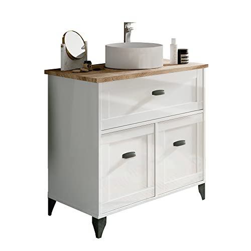 Muebles Pitarch | Badezimmermöbel mit Keramikwaschbecken inklusive, Breite 80 cm, mit Beinen, Schublade, 2 Türen, Weiß und Cambrian Eiche, Vintage-Stil, Modell Toscana. Muebles Pitarch | Badezimmermöbel mit Keramikwaschbecken inklusive, Breite 80 cm, mit Beinen, Schublade, 2 Türen, Weiß und Cambrian Eiche, Vintage-Stil, Modell Toscana. von MUEBLES PITARCH