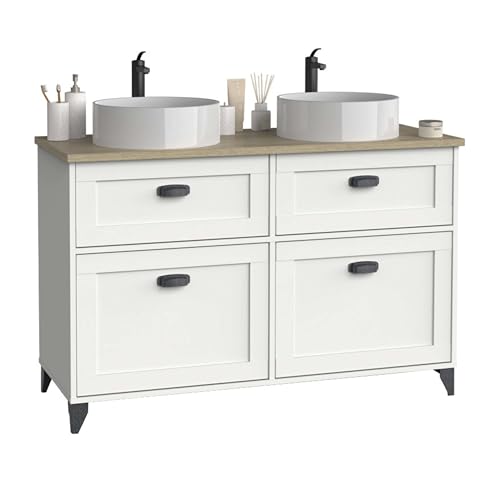 Muebles Pitarch | Doppelwaschtischmöbel, Breite 120 cm, mit Beinen, 2 Schubladen mit langsamer Schließung, 2 Türen, für Aufsatzwaschbecken, Weiß und Cambrian Eiche, Vintage-Stil, Modell Toscana von MUEBLES PITARCH