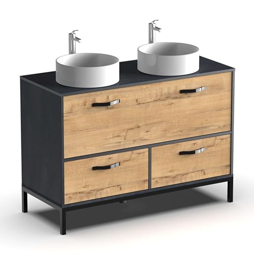 Muebles Pitarch | Doppelwaschtischmöbel, Breite 120 cm, industriell, Schwarz und Goldeneiche, mit Beinstruktur, 2 Schubladen und 1 Tür, für Aufsatzwaschbecken, Modell Sena Muebles Pitarch | Doppelwaschtischmöbel, Breite 120 cm, industriell, Schwarz und Goldeneiche, mit Beinstruktur, 2 Schubladen und 1 Tür, für Aufsatzwaschbecken, Modell Sena von MUEBLES PITARCH