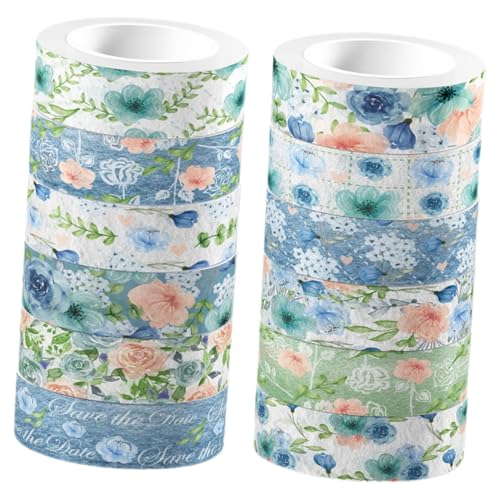 MUELODSIC 12 Rollen Washi Tape Aquarell Blaue Rosen Dekoratives Klebeband Transparent DIY Scrapbook Sticker Journal Basteln Abdeckband Retro Blumen Muster von MUELODSIC