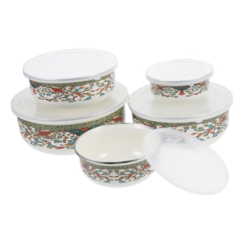 MUELODSIC 5 Stück Teiliges Vintage Emaille Schüssel Set mit Deckel Dickwandige Chinesische Suppenschalen Vielseitige Nudel und Eierschalen für Camping Picknick und Haushalt Leicht zu von MUELODSIC
