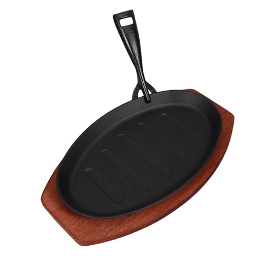 MUELODSIC Gusseisen Grillplatte mit Holzunterlage Mini Bratpfanne mit Streifenmuster für Steak und Teppanyaki Vielseitig Einsetzbar für Ofen Herd und Grill Perfektes Kochgeschirr für von MUELODSIC