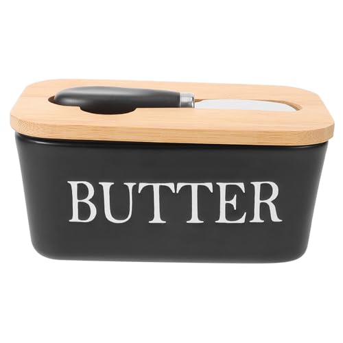 MUELODSIC Keramik butterdose mit Holzdeckel und Cutter Große Rechteckige Butterdose für Küche und Restaurant Wiederverwendbar Vielseitig für Butter Käse und Snacks Modernes Design Langlebig von MUELODSIC