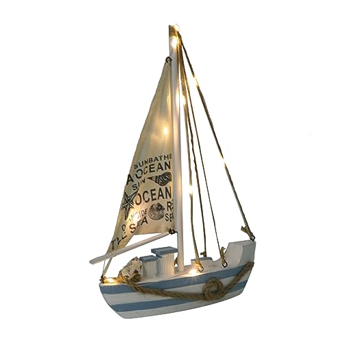 MUELODSIC Mediterranes Segelboot Modell aus Holz mit LED Beleuchtung Stilvolle Tischdekoration für Wohnzimmer Schlafzimmer Büro Wetterfestes Deko Element ohne Batterie von MUELODSIC