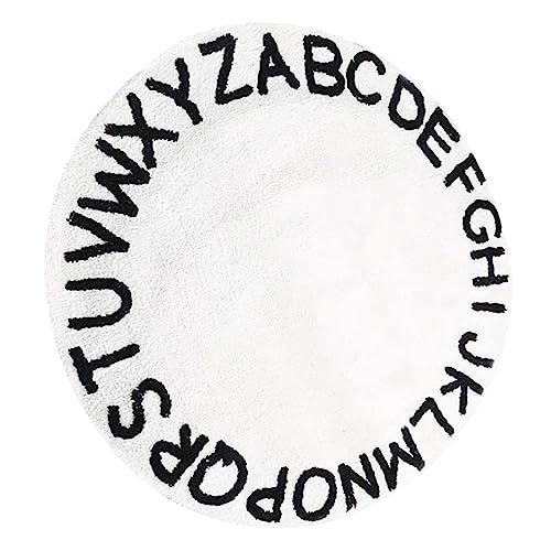 MUELODSIC Runder Kinderzimmer Teppich mit Weißen Buchstaben rutschfeste Bodenschutz Matte Weiche Spiel und Dekorationsfläche für Jungen und Mädchen Pflegeleicht und Platzsparend von MUELODSIC