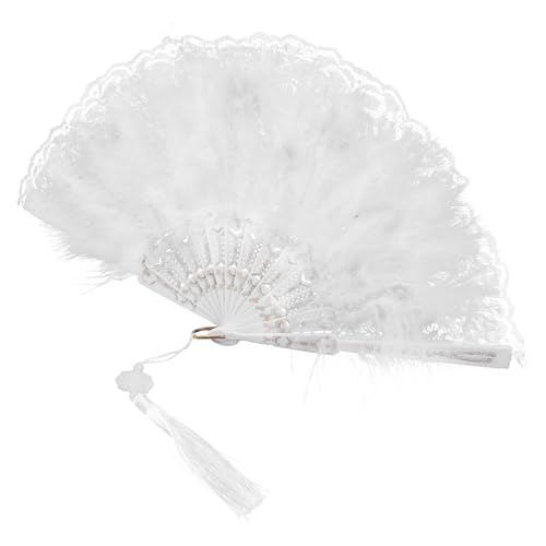 MUELODSIC Vintage Faltbarer Handfächer mit Weißer Spitze und Federn Stabiler Leichter Fächer für Hochzeit Bühnenauftritte und Tanz Faltbarer Brautfächer mit Robustem Metallrahmen von MUELODSIC