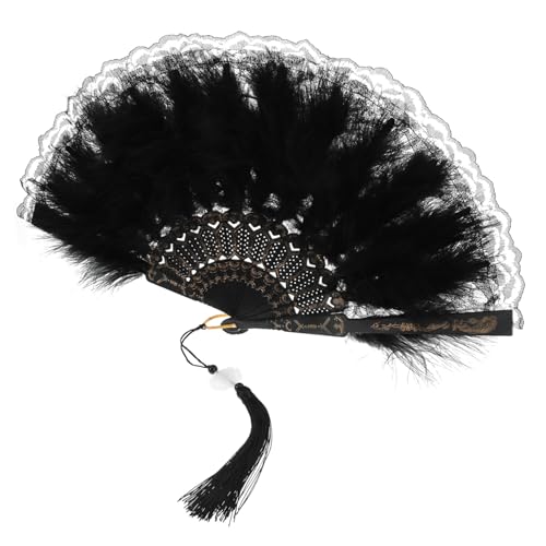 MUELODSIC Vintage Faltbarer Spitzen-handfächer mit Schwarzen Federn Stabiler Handfächer für Hochzeit Tanz Party und Fotografie Leicht zu Öffnen Vielseitig Verwendbar als Brautfächer oder von MUELODSIC