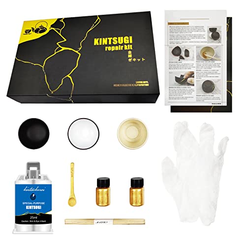 Kintsugi kit, Kintsugi Reparatur Set, gold Kintsugi Repair Kit reparieren Sie sinnvolle Keramik mit Goldpigment-Kleber – kommt mit zwei Übungs-Keramikbechern für Anfänger von MUFUN