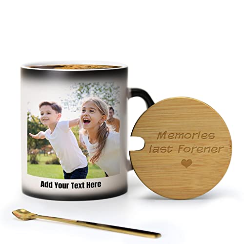 Personalisierte Tasse. Benutzerdefinierte Kaffeetassen mit Deckel und Löffel 10oz, Hitze Farbe wechselnde Tasse, Holzabdeckung kann mit Name oder Text graviert werden, Herzgriff, mit Fotos von MUGKISS