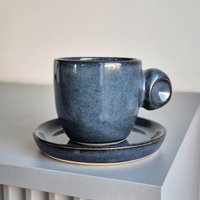 Espressotassen-Set, Blaue Doppelte Espressotasse, Kleine Kaffeetasse Und Untertasse, Handgefertigte Keramik-Espressotassen-Set von MUGMUGCERAMICS