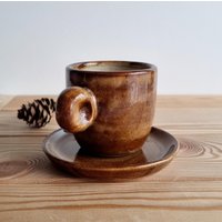 Espresso-Tasse Und Untertassen-Set, Rustikale Doppelte Espresso-Tasse, Braune Kleine Kaffeetasse, Handgefertigte Keramik-Espresso-Tasse von MUGMUGCERAMICS