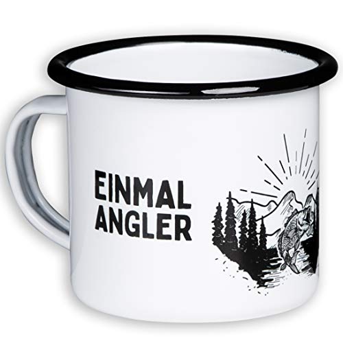 MUGSY Emaille Tasse im Angler Design, mit Spruch & Fisch-Motiv, Emaille Becher, Outdoor & Camping Ausrüstung, 300 ml von MUGSY