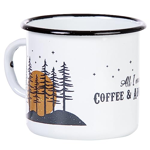 MUGSY I Emaille Tasse Coffee & Adventure mit Outdoor Motiv, weiß, Camping Tasse mit Spruch, bruchfest & leicht I 330ml von MUGSY