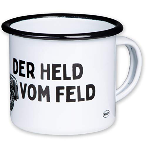 MUGSY Emaille Tasse, Der Held vom Feld Traktor-Motiv, 300ml, weiß, bruchfest & leicht von MUGSY
