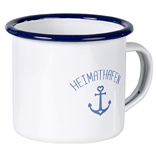 MUGSY Weiße Emaille Tasse HEIMATHAFEN mit maritimen Anker Design, bruchfester & leichter Emaille Becher | 300 ml von MUGSY