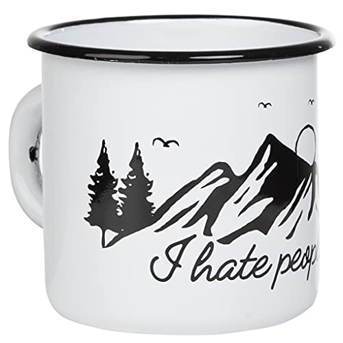 MUGSY I Emaille Tasse I Hate People mit Berg Motiv, Weiß, Camping Tasse mit Spruch, Emaille Becher, bruchfest I 330ml von MUGSY