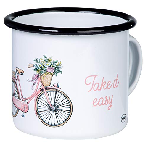 MUGSY Emaille Tasse, Keep it Simple Take it Easy Fahrrad-Motiv, 300ml, weiß, bruchfest & leicht von MUGSY