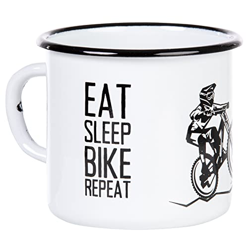 MUGSY I Emaille Tasse Eat Sleep Bike Repeat - Weiß, 330 ml, Fahrrad & Biker Tasse mit Spruch I Mountainbike Motiv von MUGSY