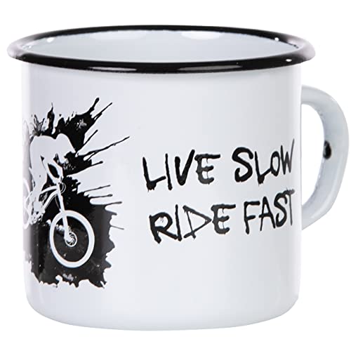 MUGSY I Emaille Tasse Mountainbike MTB Live Slow Ride Fast Motiv für Biker, Dirt Design, weiß, bruchfest & leicht I 330ml von MUGSY