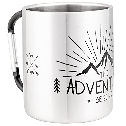 MUGSY I Edelstahltasse The Adventure Begins, Karabinerhaken Henkel, Bruchfest, Camping Tasse, Silber, 280 ml von MUGSY