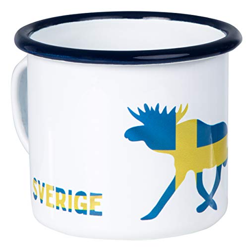 MUGSY Schweden Sverige Tasse mit Elch & Schweden Flagge, Weiße Emaille Tasse Becher für Camping & Outdoor | 300 ml von MUGSY