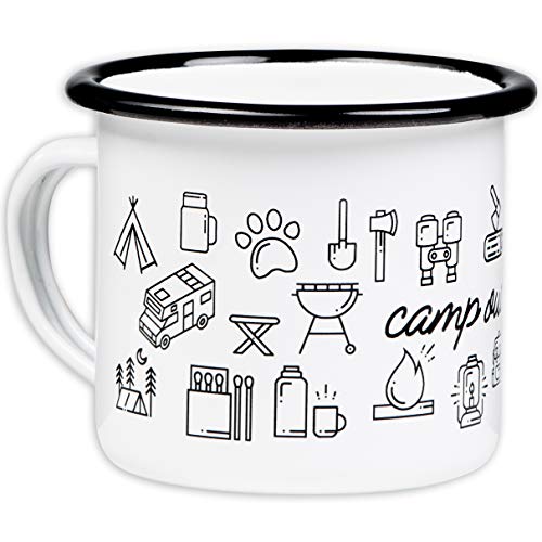 MUGSY Emaille Tasse CAMP OUT Outdoor-Tasse mit Camping Motiven, Emaille-Becher 300 ml bruchfest & leicht von MUGSY