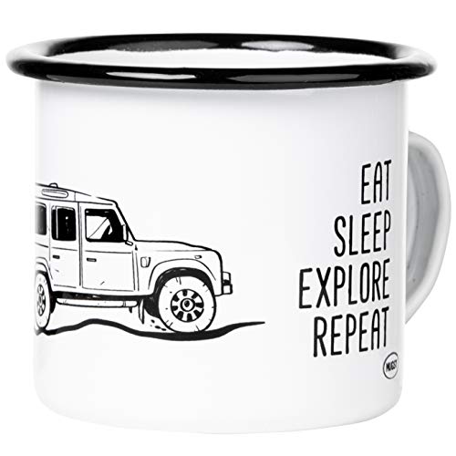 EAT SLEEP EXPLORE | Emaille Becher mit Geländewagen Zeichnung Seitenmotiv | leicht und robust | outdoor offroad overlander | von MUGSY.de von MUGSY
